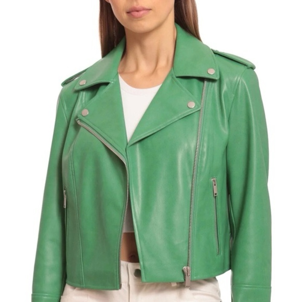Avec Les Filles Faux Leather Crop Moto Jacket In Kelly Green - Small